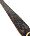 Detail of Premium Full Grain Heavy Duty Leather Dog Collar Built Tough For Large Dogs With Hand Carved Celtic Chains Aged Raw Brass Buckle.