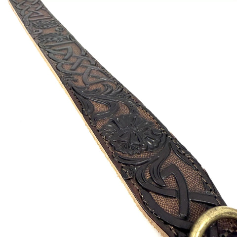 Detail of Premium Full Grain Heavy Duty Leather Dog Collar Built Tough For Large Dogs With Hand Carved Celtic Chains Aged Raw Brass Buckle.