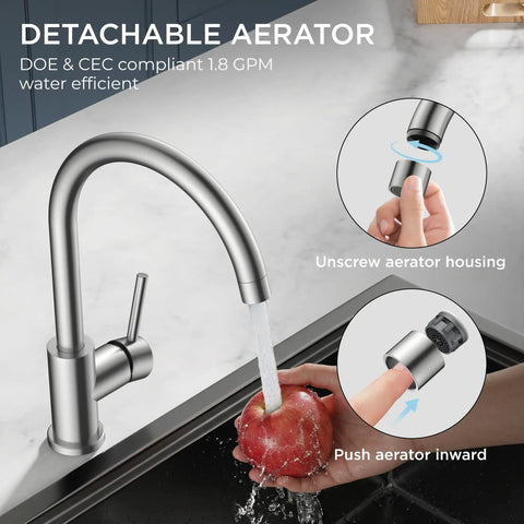 Lead Free Stainless Steel Kitchen Faucet With Brushed Nickel single handle high arc, detachable aerator in use, washing apple.