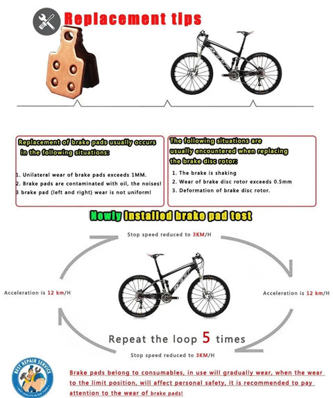 Premium 4 Pair Disc Brake Pads For Mountain E Bike And Electric Scooter Compatible With Hydraulic Mechanical Calipers shown with installation tips.