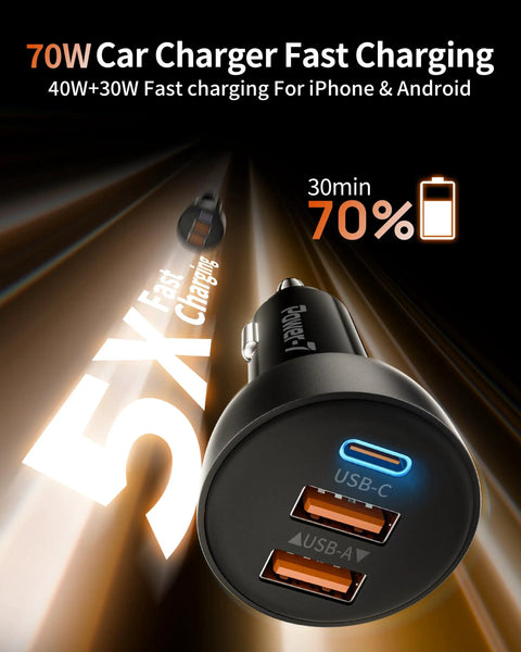 Two Pack 70W USB C Car Charger With 3 Ports PD QC Fast Charge For iPhone 17/16/15/14/13/12 Pro Max front view