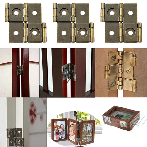 Heavy Duty Bronze Double Action Hinges Eight Pack With Mounting Screws Top Shelf Iron Swings Smooth As Butter For Cabinet Gate Screen Zero Hassle Hardware Built Tough displayed in various uses including a cabinet and a photo frame.