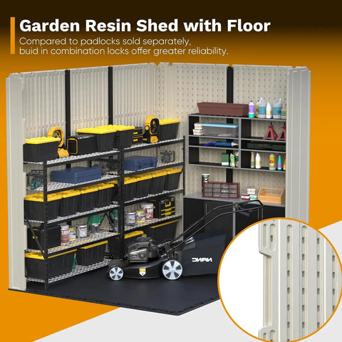 Interior of 8x10 Ft Plastic Storage Shed With Floor featuring shelves for tools, garden gear, showing durable resin material