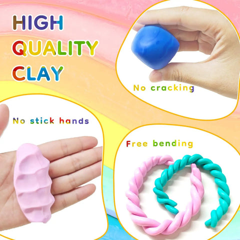 Hands shaping blue and pink clay with text highlighting high quality and features of 70 Color Polymer Clay Kit With Oven Bake Clay For Kids And Adults Diy Sculpting Molding Clay Set With Tools And Jewelry Accessories Arts And Crafts Gift For Boys And Girls Safe Non Toxic Craft Kit