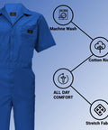 Men's Royal Blue Short Sleeve Coveralls Heavy Duty Poly-Cotton Workwear Stain Wrinkle Resistant Easy Care display with features.
