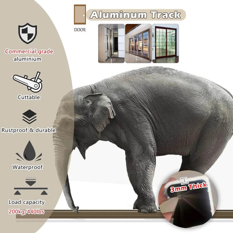 Heavy Duty Sliding Barn Door Hardware Track Kit For Exterior Use With Low Profile Pocket Design, 8 Wheel Hanger System Delivers Quiet Glide And Smooth Operation Supports Up To 440 Lbs Per Panel Available In 6 Ft To 24 Ft Lengths shown with elephant to illustrate strength and aluminum construction features.