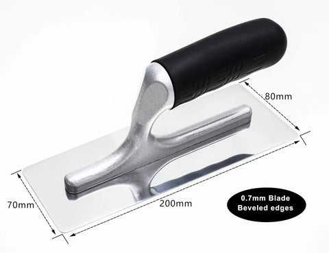 Three Piece Plaster Finishing Trowel Set Pro Grade Polished Stainless Steel With Rubber Grip Handles And Aluminum Shank For Smooth Scratch Free Finishes Beveled Edges Round Corners Plastering Tools, single trowel 200mm with dimensions