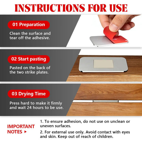 Instructions for using 12 Pack Magnetic Cabinet Door Catch No Drill Ultra Thin Stainless Steel Hardware.