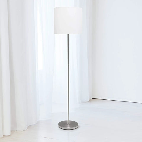 Brushed Nickel Floor Lamp With White Fabric Drum Shade Tall 58 Inch Dope Modern Look Featuring A Foot Switch Simple Yet Sleek