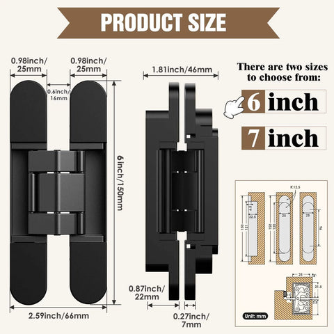 Hidden Door Hinges 6 Inch Black Invisible Door Hinge With 3 Way Adjustable Butt Hinge And 180 Degree Swing Concealed Hardware