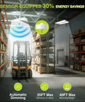4 Pack 300W LED Linear High Bay Shop Lights With Motion Sensor in warehouse setting emphasizing energy savings and automatic dimming