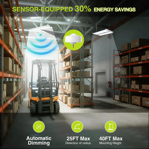 4 Pack 300W LED Linear High Bay Shop Lights With Motion Sensor in warehouse setting emphasizing energy savings and automatic dimming