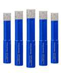 Front view of SHDIATOOL diamond drill core bits, 10mm diameter, 5-piece blue-handled set for hand drills