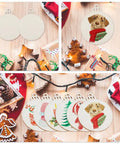 Thirty Pack Fresh Three Inch Round Blank Wood Circles With Natural Twine Hangers Premium Birch Plywood Crafting Pendants displayed with holiday decorations.
