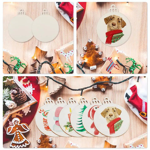 Thirty Pack Fresh Three Inch Round Blank Wood Circles With Natural Twine Hangers Premium Birch Plywood Crafting Pendants displayed with holiday decorations.