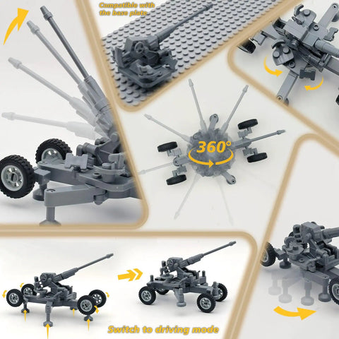 Epic Military Building Block Arsenal Kit With Anti Aircraft Gun Drone And Mechanical Dog 260 Piece Army Gear Set showcasing anti-aircraft gun with 360-degree rotation and driving mode features.