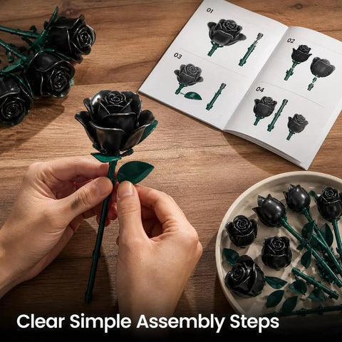 Gothic Dope Matte Black Rose DIY Building Kit With 634 Pieces For A Realistic 12 Rose Bouquet Showing Full Half Bloom And Bud Stages, Ideal Home Office Decor Gift For Adults And Kids Ages 6 Plus, hands assembling black rose