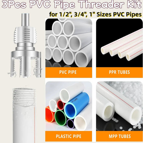 Dual Function PVC Pipe Threader Kit for 1/2, 3/4, 1 inch pipes showing dies and PVC, PPR, MPP, plastic tubes