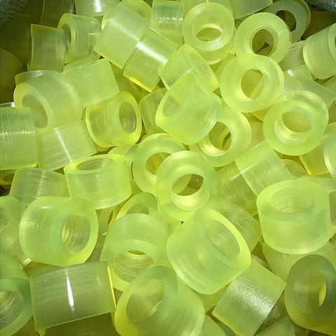 Built To Last Polyurethane Vibration Damping Washers 8 Pack, 30mm outer, 15mm inner, 5mm thick, yellow resilient pads.