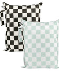 Mess-Proof Wet Bag Set 2-Pack Reusable Waterproof Bags For Swimsuits And Baby Clothes On The Go Diaper Bag Essential Travel Gear, black and green checkers design, 12.5 x 16 inches, washable.