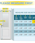 Measurement guide for Upgraded Magnetic Screen Door Closure for 72 by 80 Inch Doors with size selection chart.