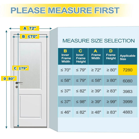 Measurement guide for Upgraded Magnetic Screen Door Closure for 72 by 80 Inch Doors with size selection chart.