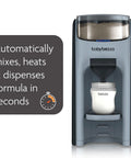 Baby Brezza Formula Pro Advanced formula dispenser machine in slate gray with attached baby bottle, front view