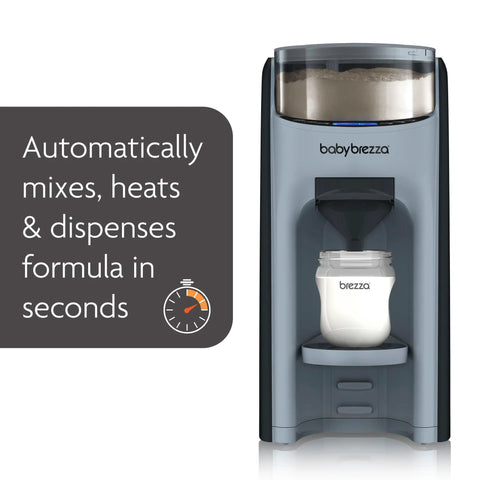 Baby Brezza Formula Pro Advanced formula dispenser machine in slate gray with attached baby bottle, front view