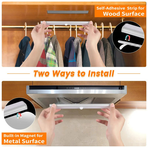 Wireless Motion Sensor Light Indoor 80 LED Dimmable Closet Lights USB Rechargeable Under Cabinet Lighting Magnetic Stick On Under Counter Lights For Kitchen Wardrobe 3 Pack installation methods