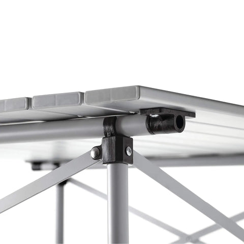 Close-up of Outdoor Folding Table With Aluminum Slat Top And Snap Together Design Seats Four Carry Bag Included Perfect For Camping Tailgating Grilling Hunting Outdoor Dining And More showing corner support and metal slats.