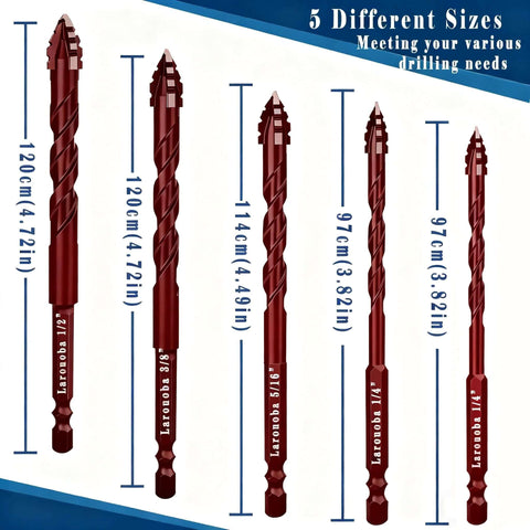 Larouoba red serrated masonry drill bits, 5-piece set in a row (3/16”–1/2”), for concrete tile brick glass and wood.