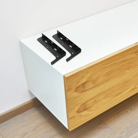 Invisible Floating Shelf Brackets L Shaped 2 Pack Heavy Duty Black Steel on wooden cabinet for clean sleek look