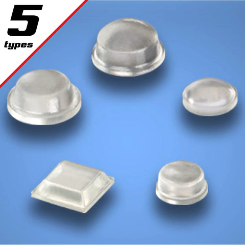 Transparent Adhesive Bumper Pads All In One 106 Piece Set showing five clear bumper pad types on blue background