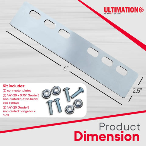 RS14 Conveyor Connector Plate Kit With 2 Steel Plates Zinc Plated Screws And Lock Nuts displayed with dimensions 6" x 2.5"