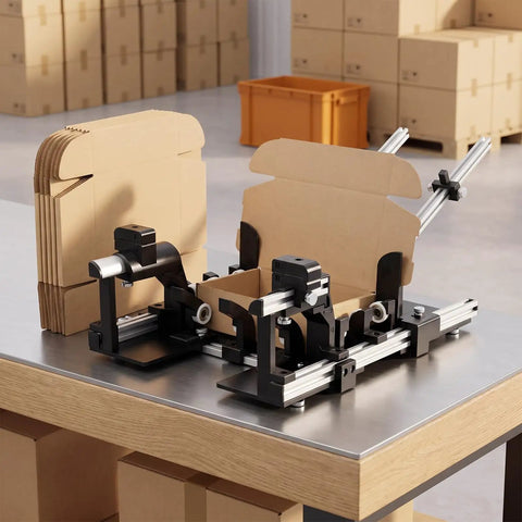 Top Shelf Adjustable Aluminum Box Folder For Shipping Reusable Packing Jig Delivers No Sweat Packing Heavy Duty Cardboard Folds Up To 15 Cm The Ultimate Warehouse Upgrade on a workbench with folded cardboard.