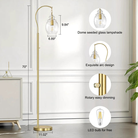 Gold Modern Floor Lamp With Globe Glass Shade, 68 Inch Tall Mid Century Standing Lamp For Living Room And Bedroom, Antique Brass Finish, LED Bulbs Included, Shatterproof Milk Glass Diffuser, Room Ready Vibe Home Decor.