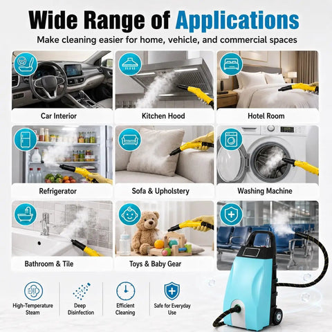 Powerful 3000W Portable High Pressure Steam Cleaner With 3.5L Tank used for cleaning car interiors and kitchen hoods.