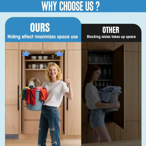 Comparison of space use with Smooth As Butter Pocket Door Slides Kit With Soft Close Mechanism and Ninja Hidden Tracks for Cabinets.