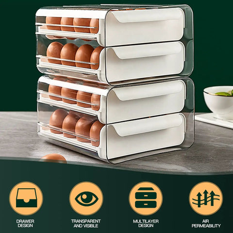 32 Grid Double Layer Egg Holder For Fridge Stackable Clear White Egg Organizer Tray Keeps Eggs Safe Fresh And Easy To Access