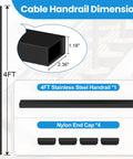 Four Foot 304 Stainless Steel Handrail With Durable Nylon End Caps For Sleek Cable Railing On Decks And Patio Stairs Built Tough As Nails To Hold Your Own Against Weather And Keep Your Deck Looking Fresh dimensions and components.
