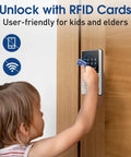 Child using key fob to unlock touchscreen smart lock with no key needed entry, digital deadbolt, 50 user codes, auto lock, waterproof.