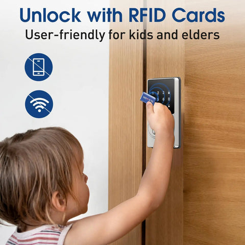 Child using key fob to unlock touchscreen smart lock with no key needed entry, digital deadbolt, 50 user codes, auto lock, waterproof.