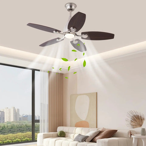 Pwefhsdjvh Ceiling Fan with LED Light 42 Inch Remote Control 5 Blades installed in a modern living room.
