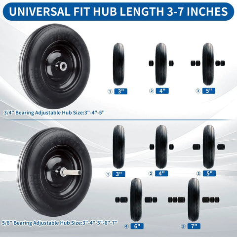 Flat Free 4.80/4.00-8 Tire And Wheel For Wheelbarrows Hand Trucks Carts And More, 14.5 Inch, adjustable hub sizes 3-7 inches