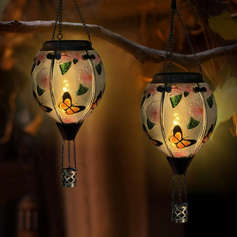 Hot Air Balloon Solar Lantern With Flickering Flame, Glass Hanging Garden Lights, Butterfly Pattern, 18 Inch, at night