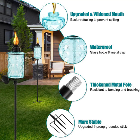 Set Of Four Glass Garden Torches For Backyard And Outdoors 12 Oz Citronella Torches With 61 Inch Height And Five Prong Grounded Stake