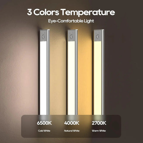 Wireless Under Cabinet Lighting Kit with Motion Sensor and Three Color Temperatures showing cold, natural, and warm light