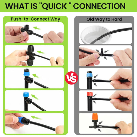 Drip Irrigation System 230Ft Garden Watering Kit with Quick Connect Fittings comparison chart, push-to-connect vs old way