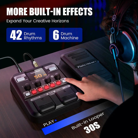 KMF-1 Guitar Pedal With 77 Effects And 50 Presets Delivers Gig Ready Tone For Live And Studio Use with person using looper