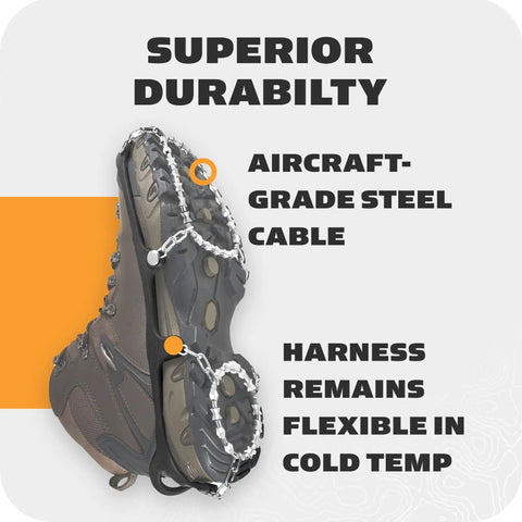 Boss Level All Surface Traction Cleats Engineered With Reinforced Diamond Beads Conquering Slippy Ice And Packed Snow Quick Snap On Shoe Protectors Matte Black Large showing aircraft-grade steel cable for durability.